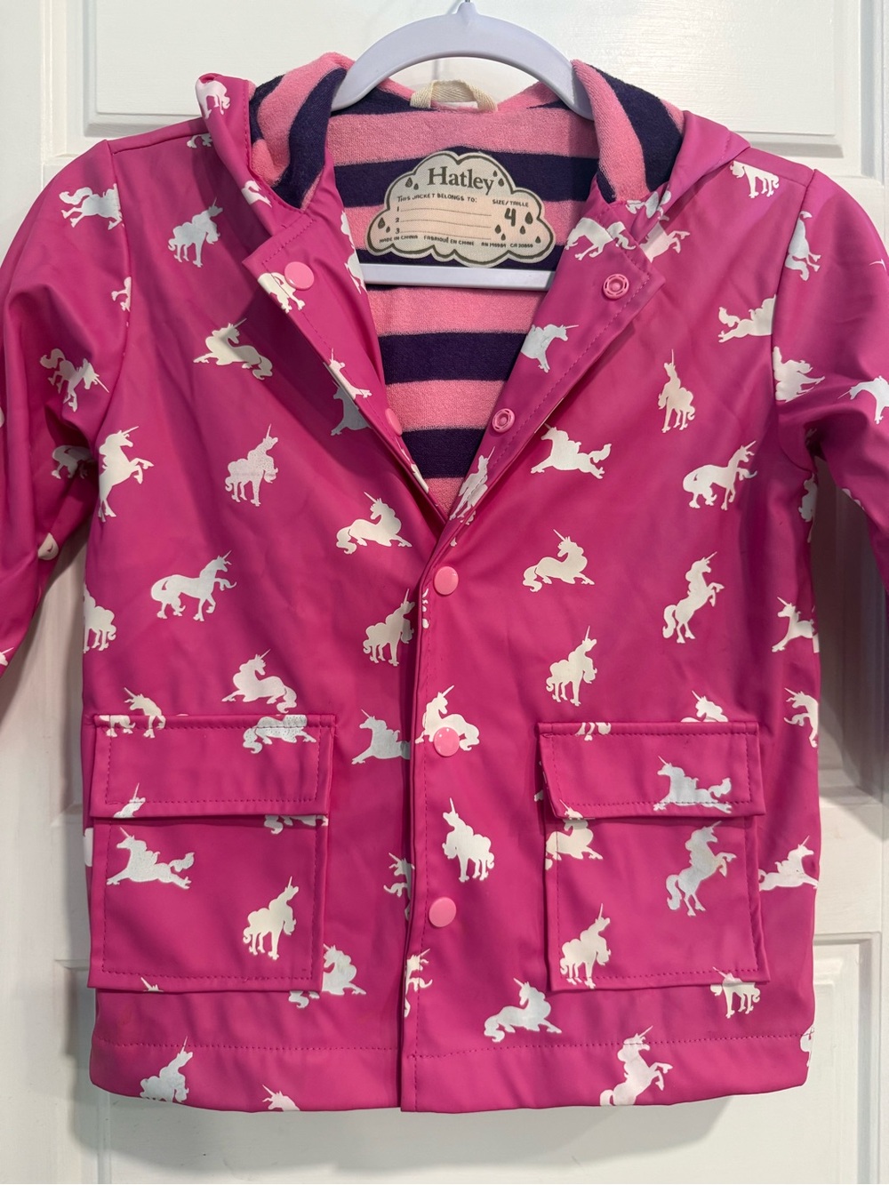 Hatley Girls Unicorn Raincoat Pink Hooded Waterproof Jacket Size 4